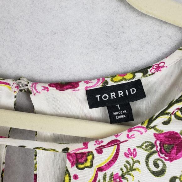 Torrid Women's 1X Keyhole Challis Skater Dress Pink Green Micto Floral New - Picture 3 of 11